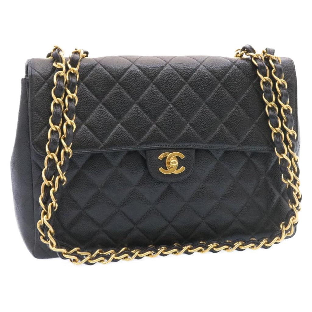 CHANEL Big Matelasse Flap Chain Shoulder Bag Caviar Skin Black Gold 25984A