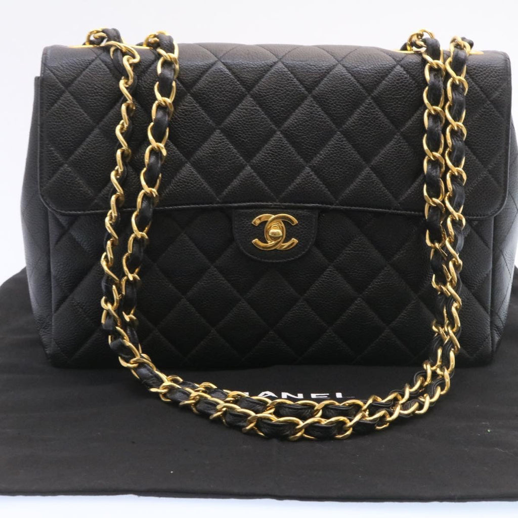 CHANEL Big Matelasse Flap Chain Shoulder Bag Caviar Skin Black Gold 25984A