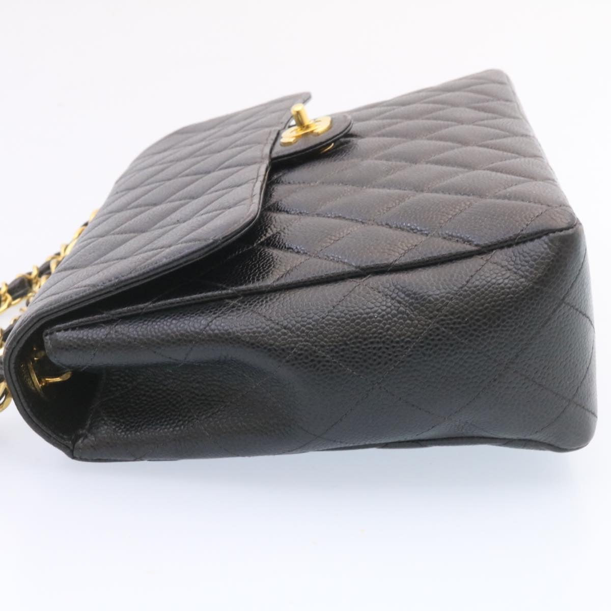 CHANEL Big Matelasse Flap Chain Shoulder Bag Caviar Skin Black Gold 25984A