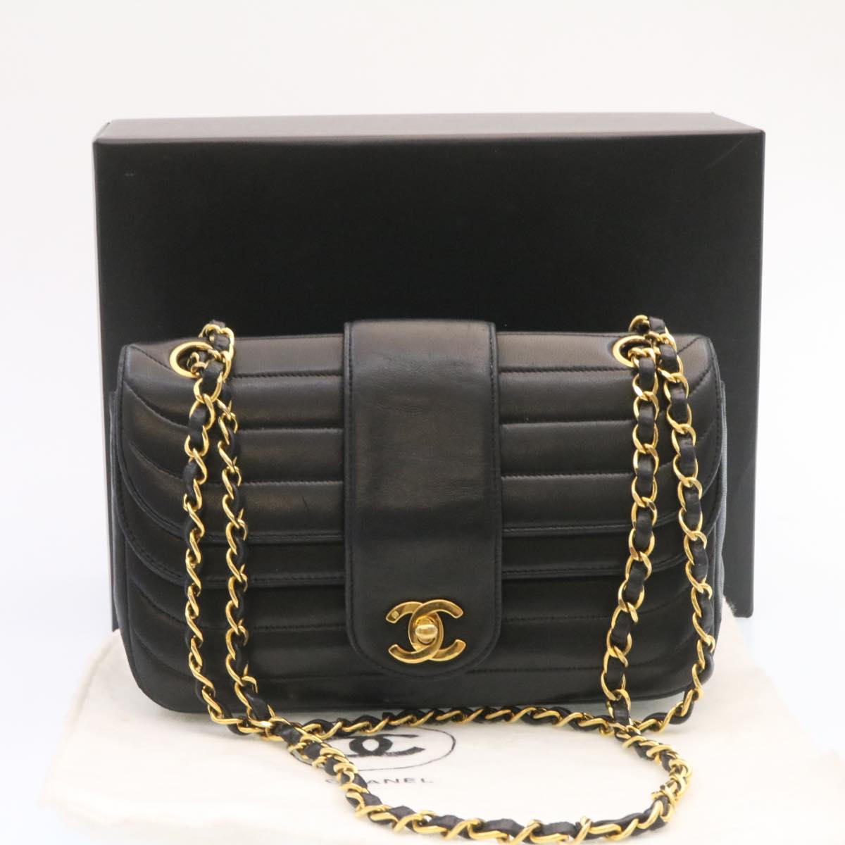 CHANEL Lamb Skin Double Flap Chain Shoulder Bag Black CC 26207A