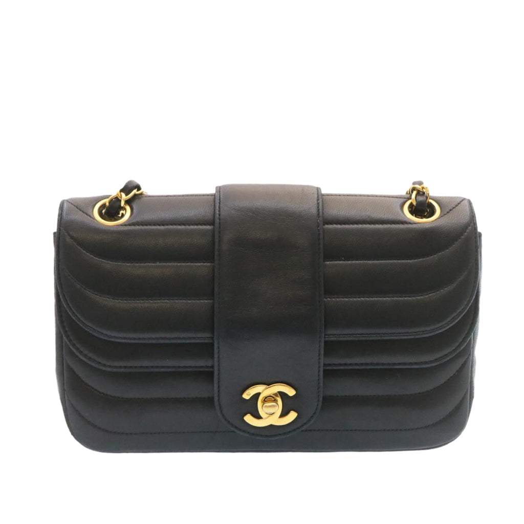 CHANEL Lamb Skin Double Flap Chain Shoulder Bag Black CC 26207A