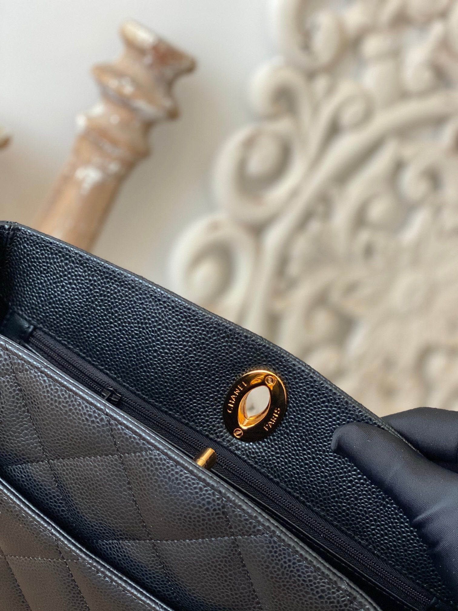 CHLVintage Black Large Quilted Caviar Tote Bag For Women 28cm/11in