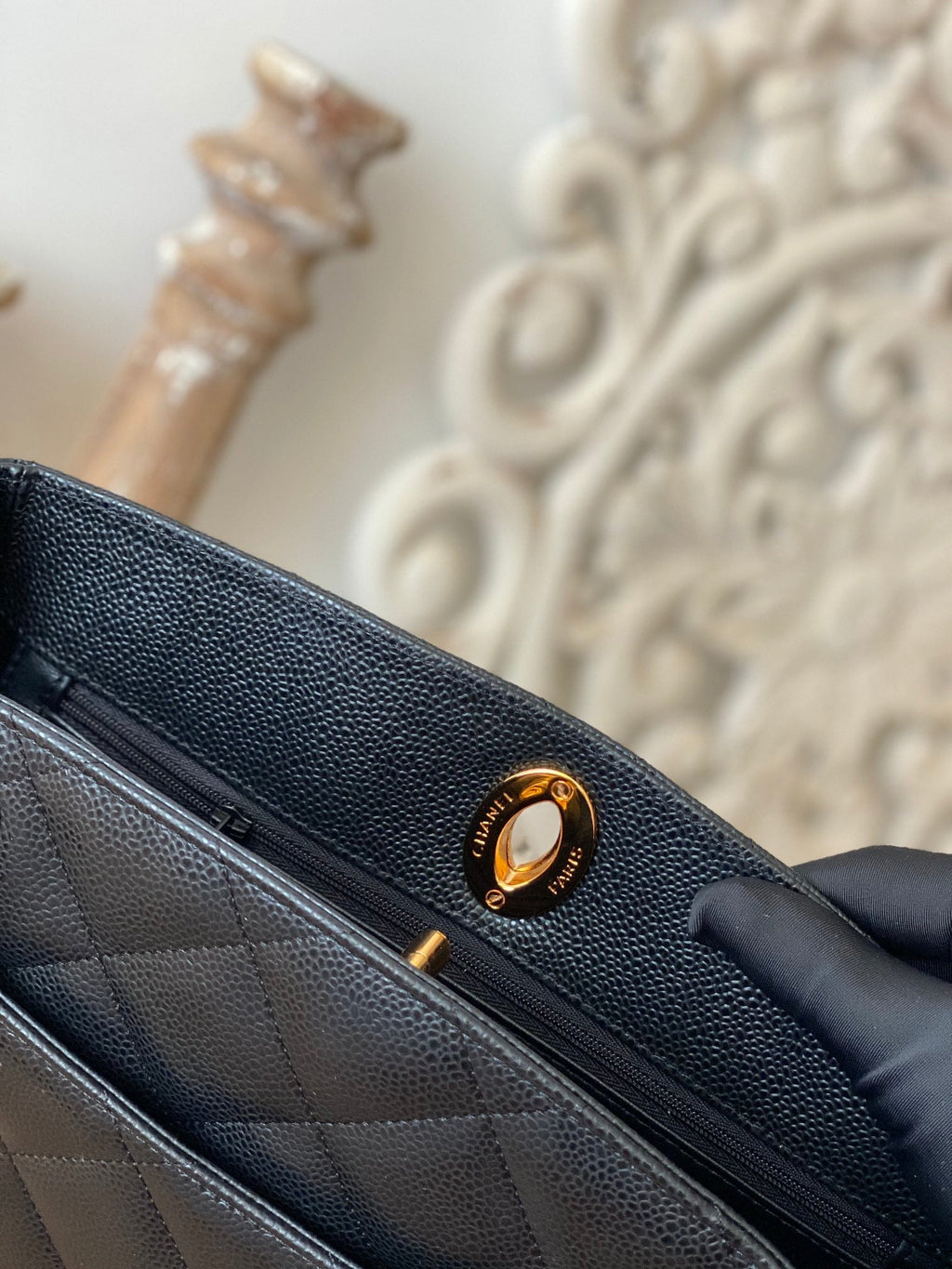 CHLVintage Black Large Quilted Caviar Tote Bag For Women 28cm/11in