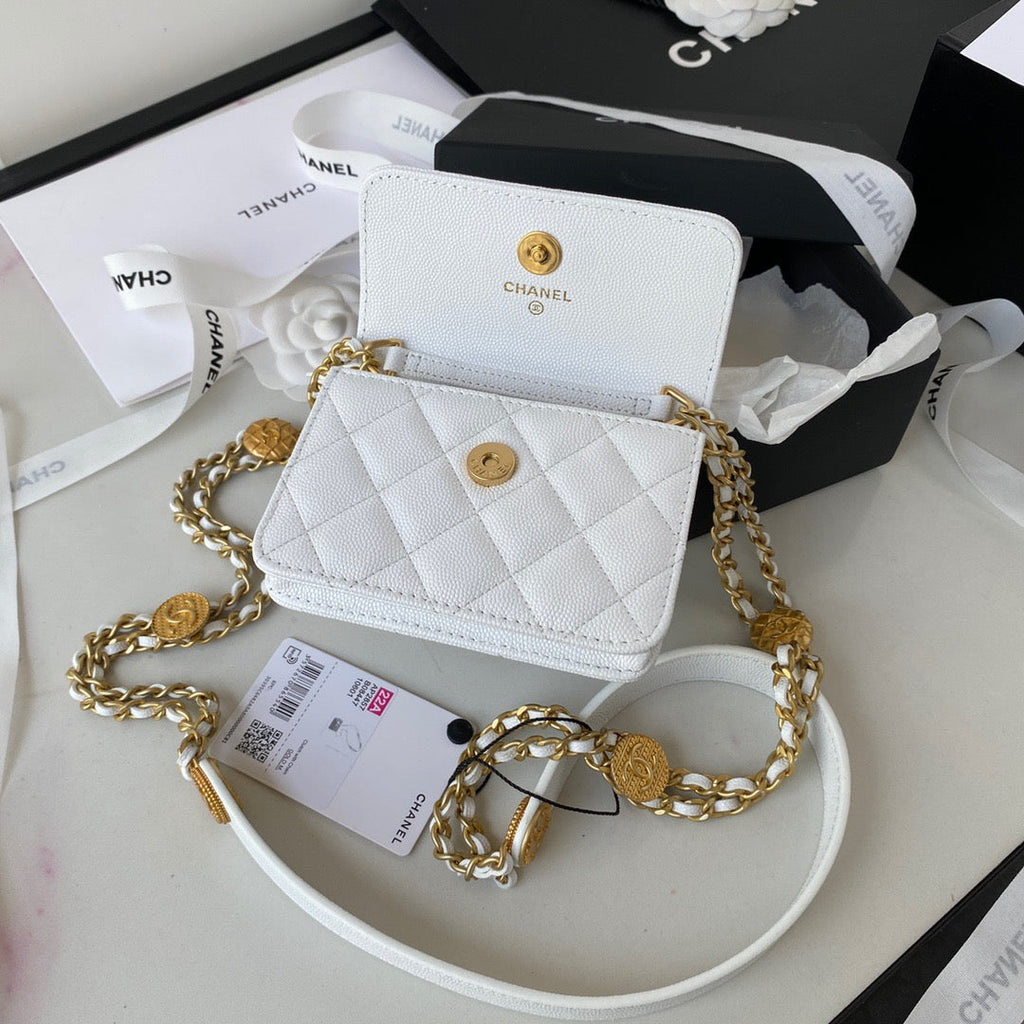CHL Clutch With Chain Gold Hardware Grained Shinny White For Women, Women’s Handbags, Shoulder Bags 4.7in/12cm AP2857