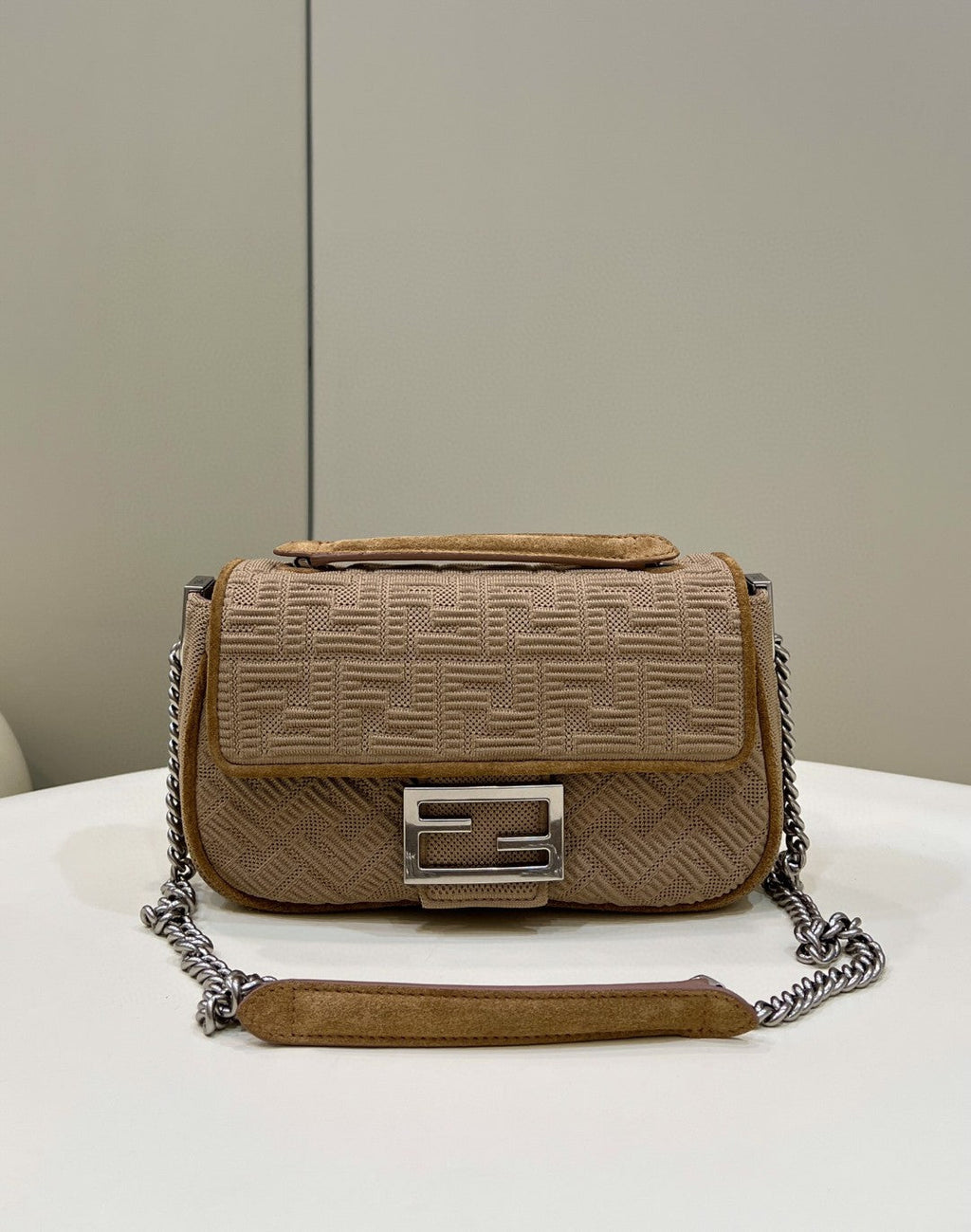 FI Baguette Chain MiGLAMI Beige FF Fabric Bag For Woman 14.5cm/6in 8BR793AHW5F1F2J