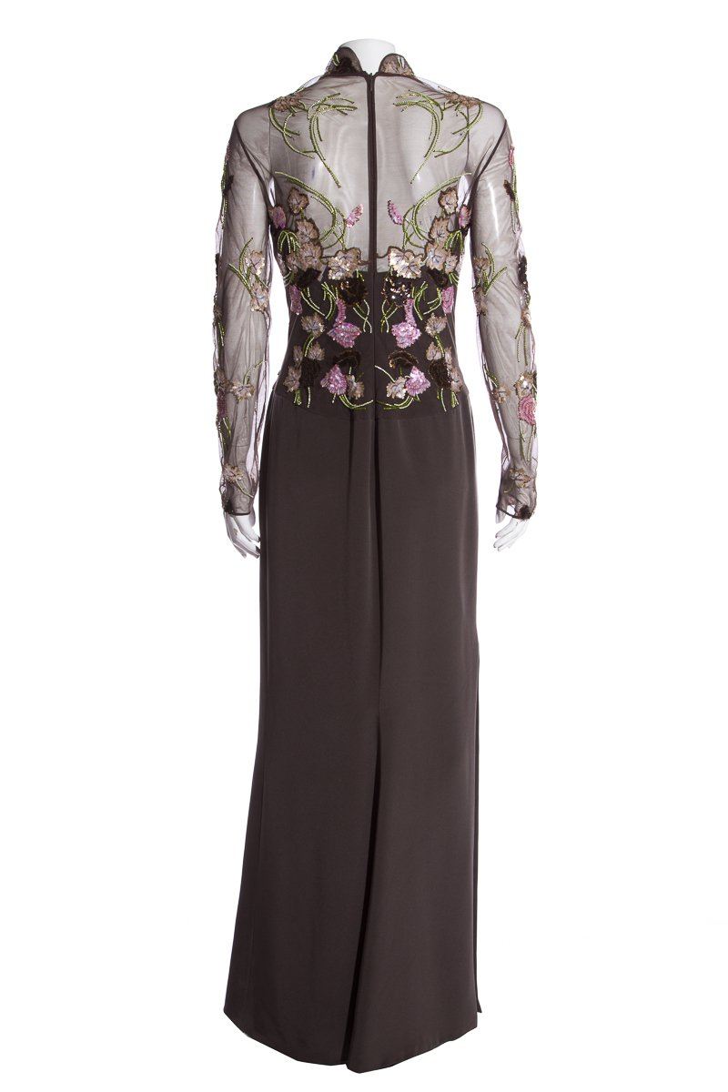 Reem Acra Grey Multi Color Sequin Floral Evening Gown SZ S/M