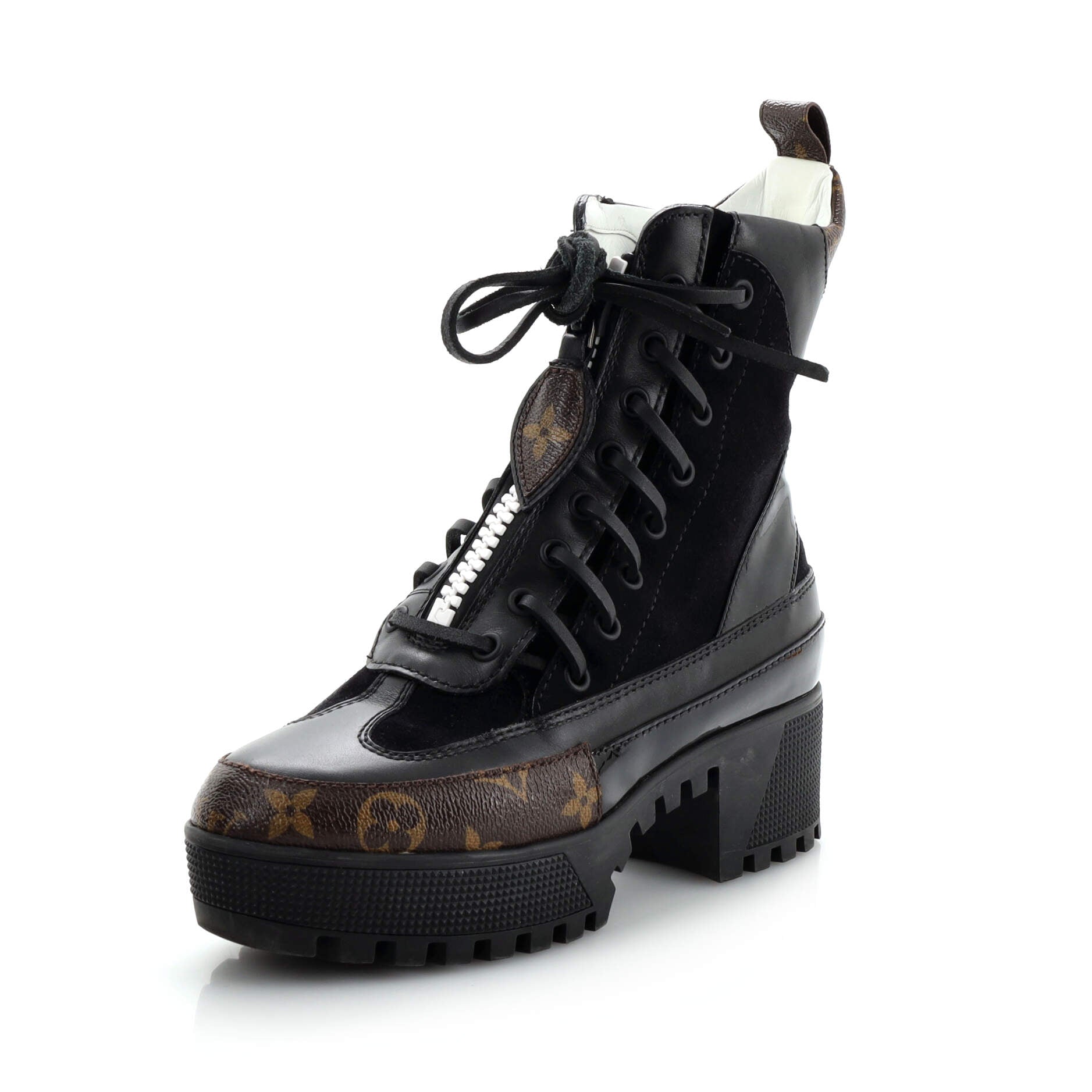 Louis Vuitton Women's Zip Up Laureate Platform Desert Boots Leather with Monogram Canvas and Suede
