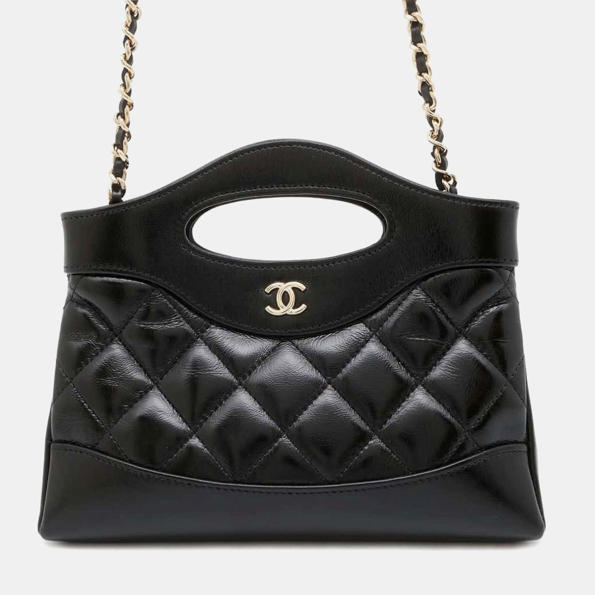 Black Shiny Calf Leather Chanel31 Chain Shoulder Bag Size Mini