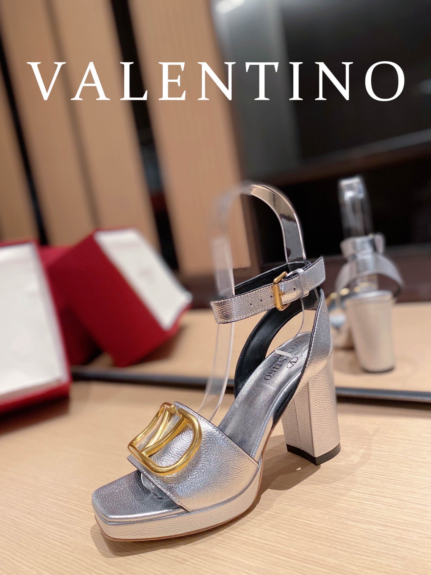 Valentino Garavani Strap Heeled Sandals With V Logo Signature EmbellisGLAMIent Silver For Women
