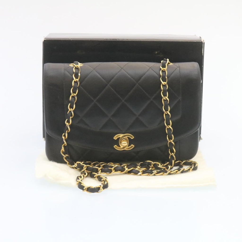 CHANEL Chain Turn Lock Diana Matelasse Shoulder Bag Lamb Skin Black 28470A