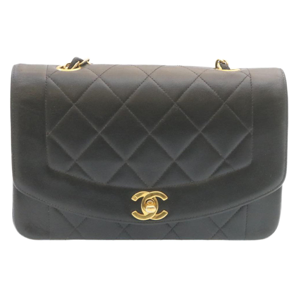 CHANEL Chain Turn Lock Diana Matelasse Shoulder Bag Lamb Skin Black 28470A
