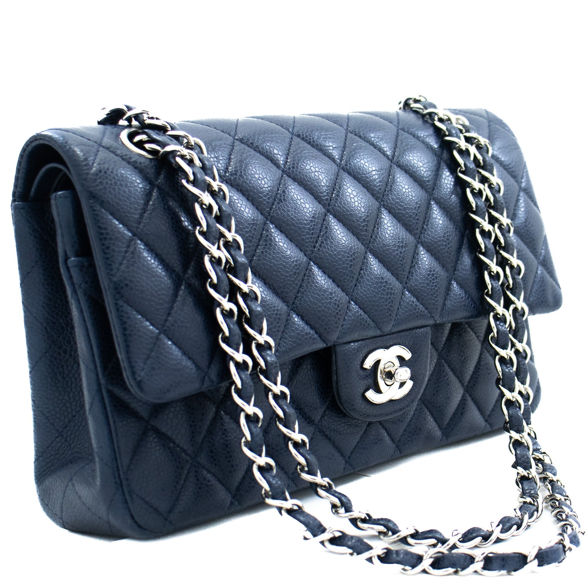 CHANEL Navy Caviar Double Flap Chain Shoulder Bag Quilted Leather j44