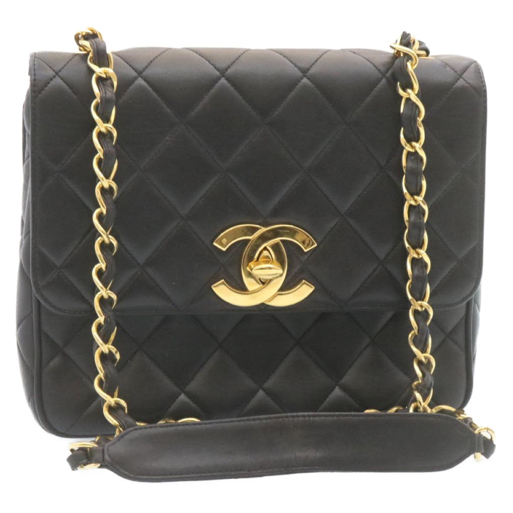 CHANEL Matelasse Chain Flap Shoulder Bag Lamb Skin Black Gold CC 28632A