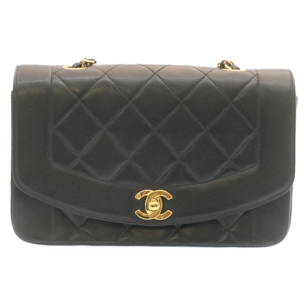 CHANEL Chain Turn Lock Diana Matelasse Shoulder Bag Lamb Skin Black 28643A