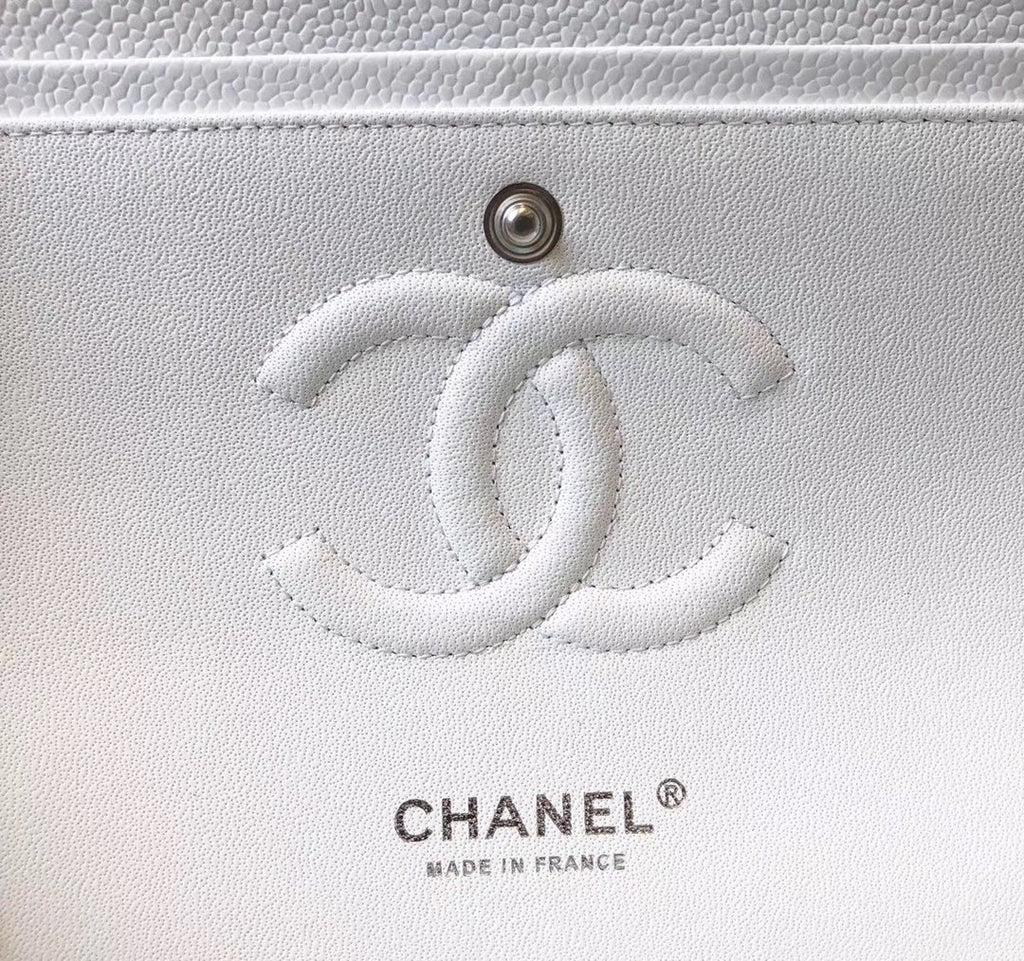 CHL Classic Medium Flapbag Silver Hardware White 10in/25.5cm