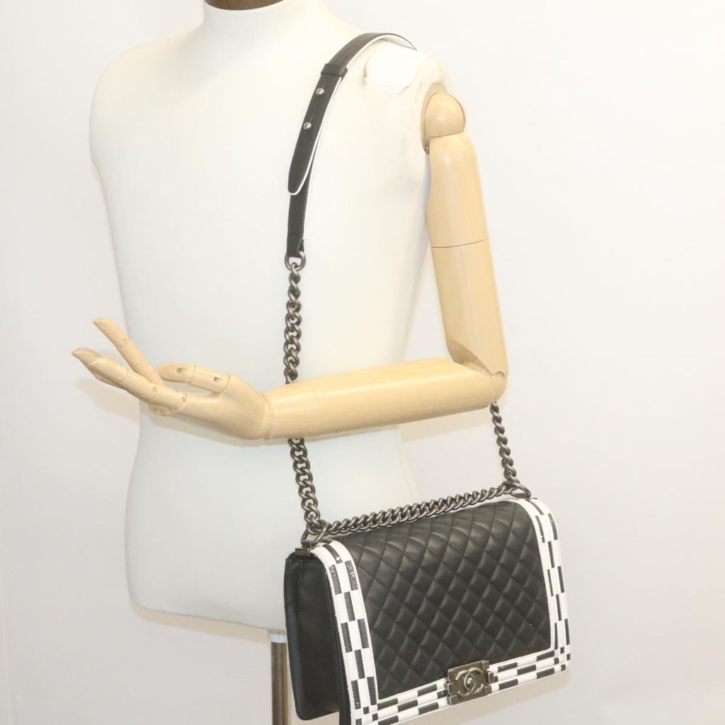 CHANEL Matelasse Boy Chanel Chain Shoulder Bag Lamb Skin Black CC 29190A