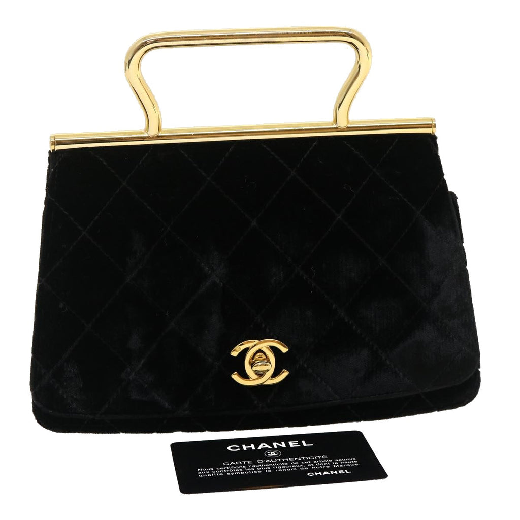 CHANEL Turn Lock Flap Matelasse Hand Bag velvet Black Gold CC 29565A