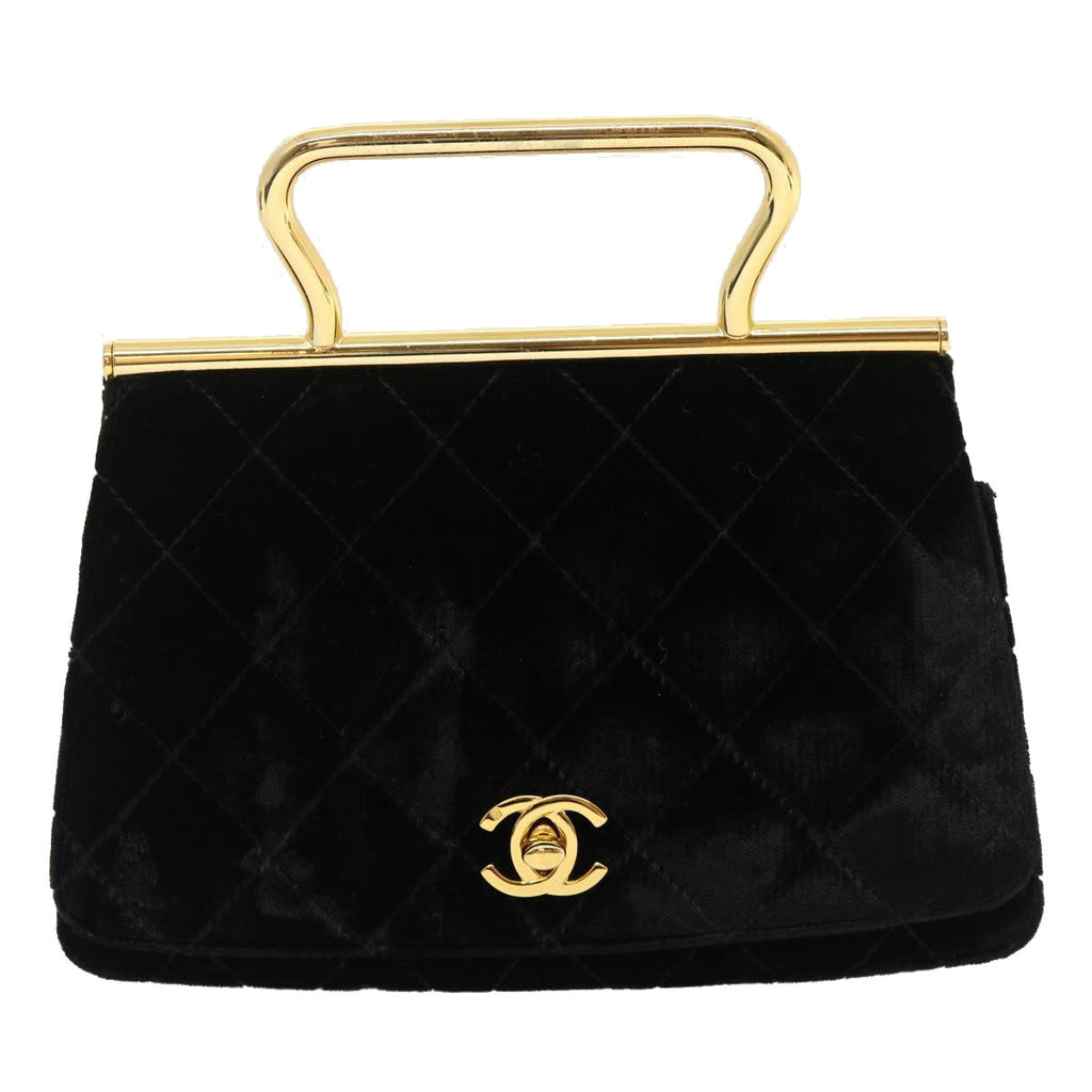 CHANEL Turn Lock Flap Matelasse Hand Bag velvet Black Gold CC 29565A