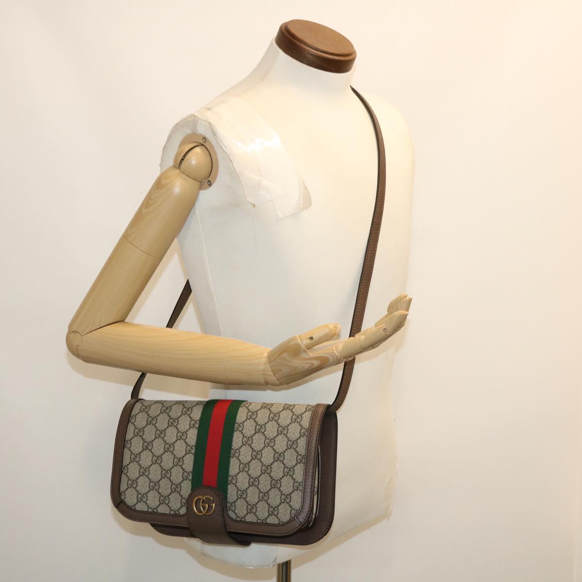 GUCCI GG Supreme Ophidia Web Sherry Line Shoulder Bag Beige 29884A