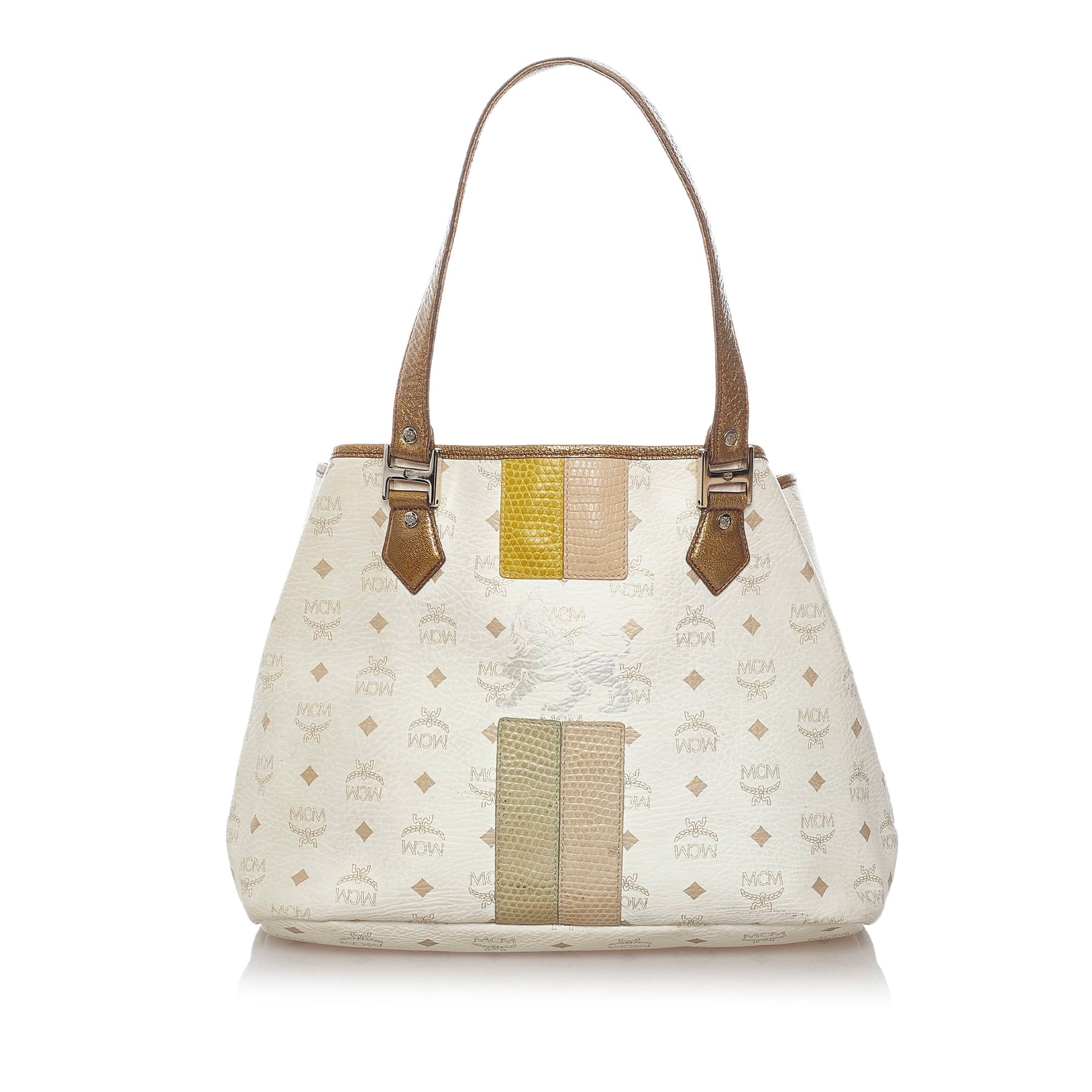 White MCM Lion Visetos Leather Tote Bag