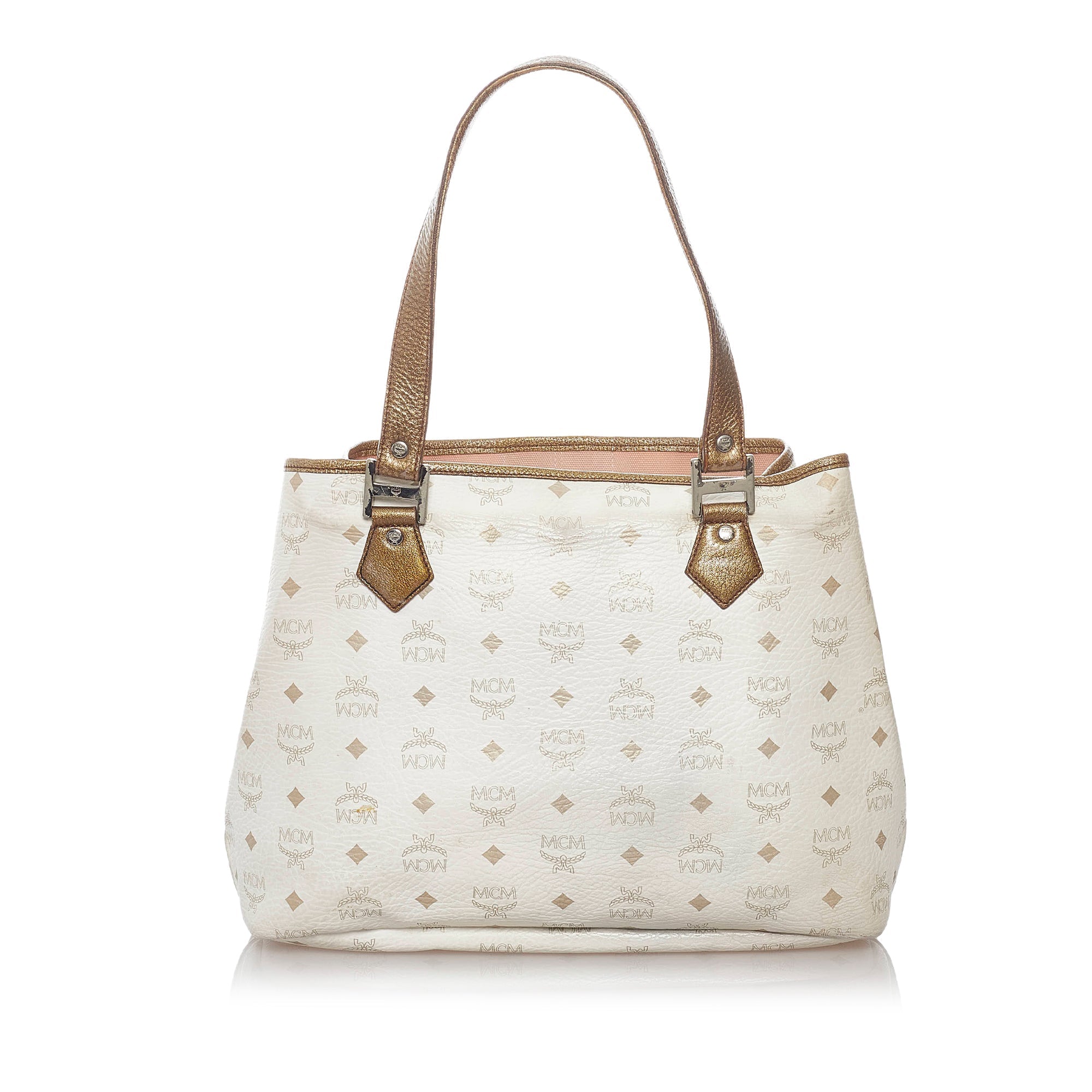 White MCM Lion Visetos Leather Tote Bag