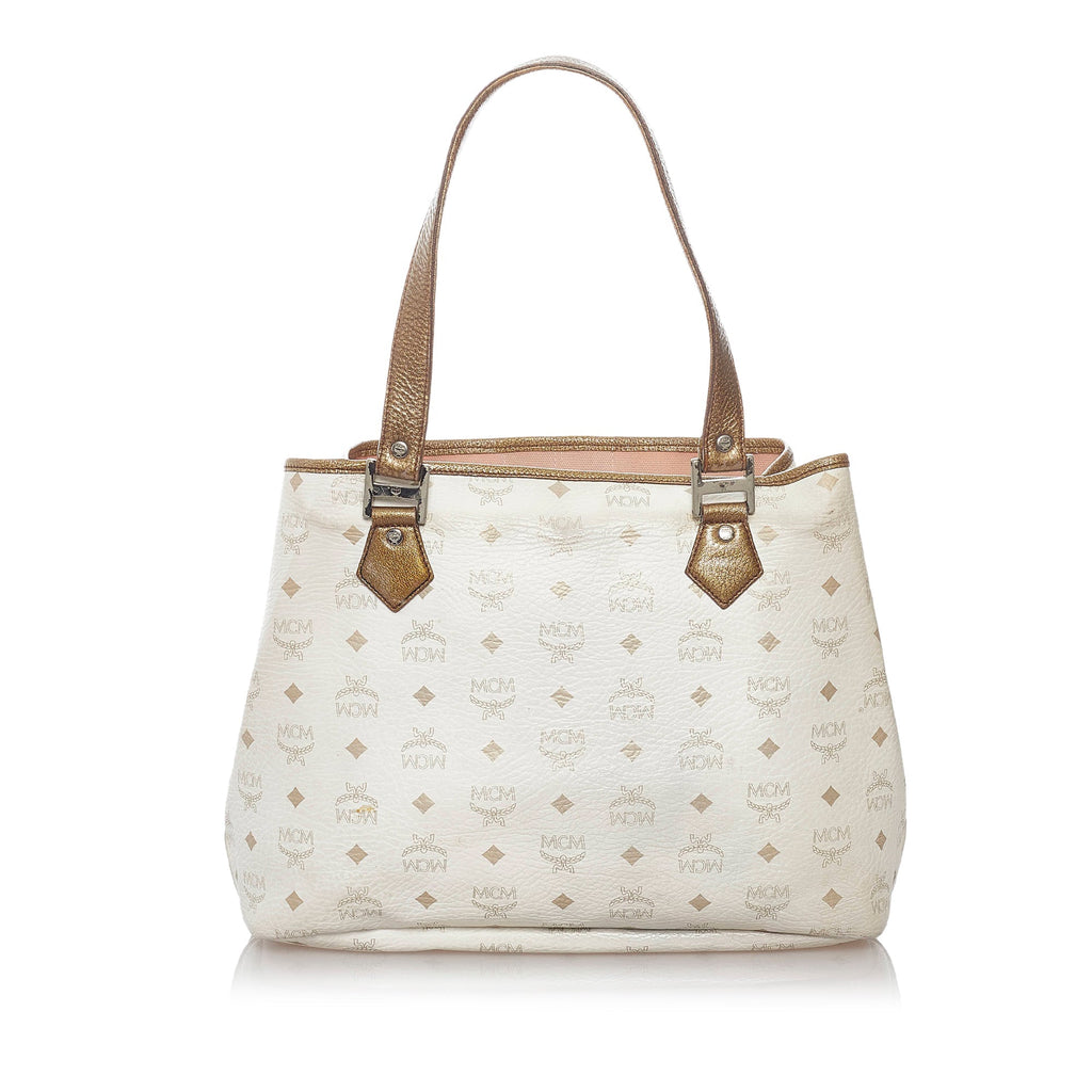 White MCM Lion Visetos Leather Tote Bag
