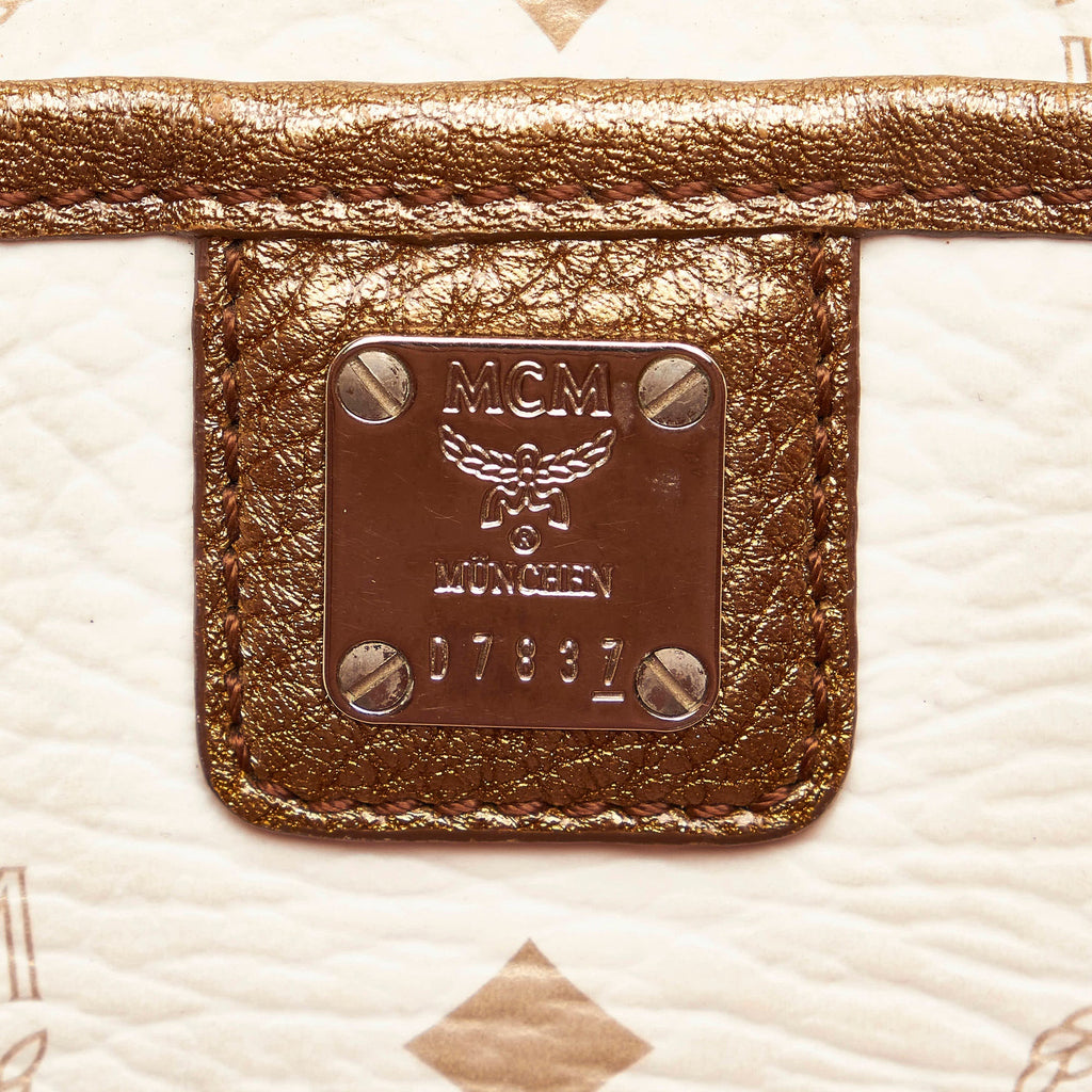 White MCM Lion Visetos Leather Tote Bag