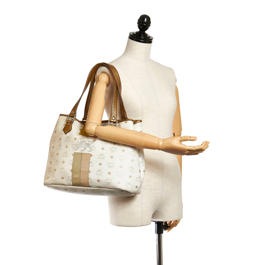 White MCM Lion Visetos Leather Tote Bag