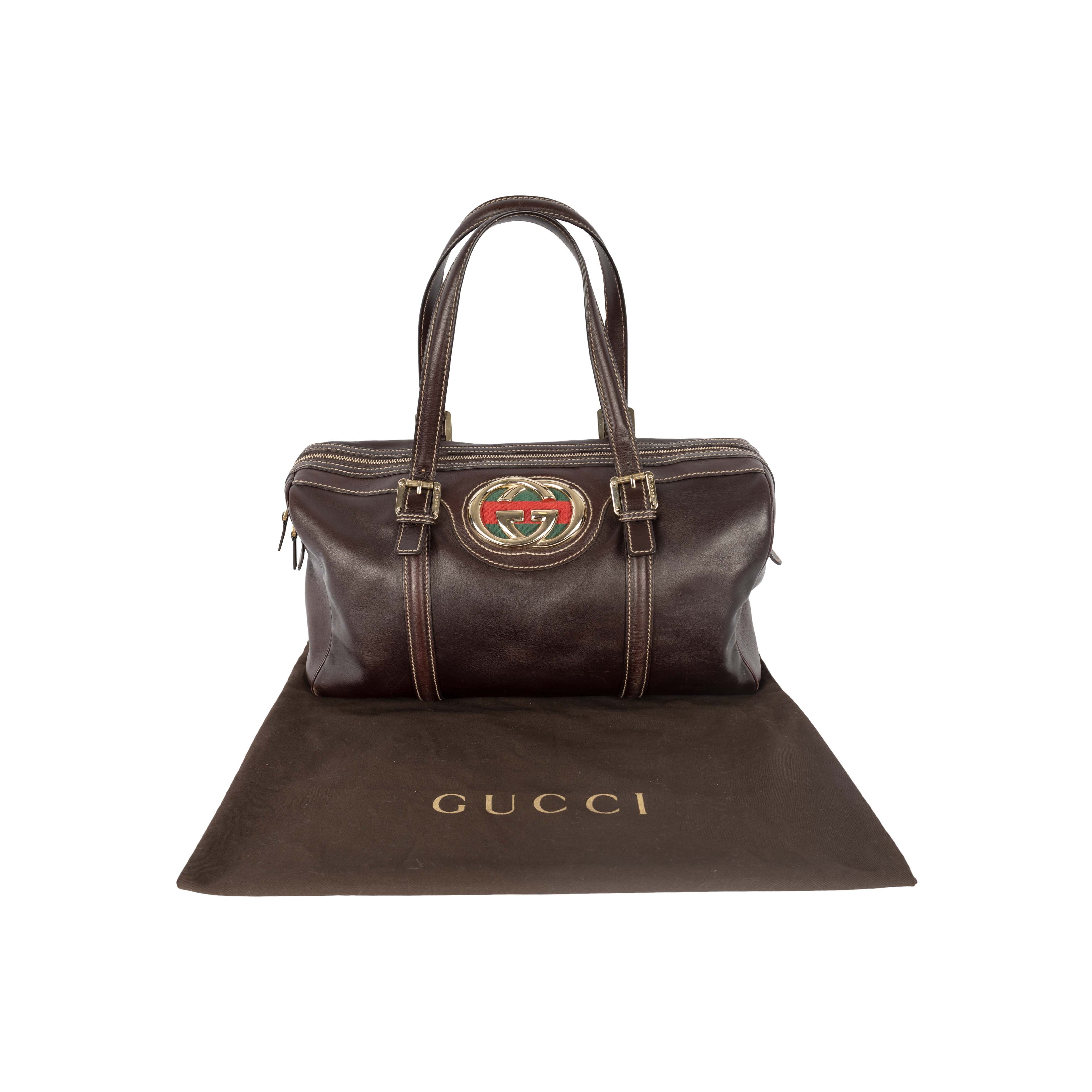 Gucci Dark Brown Leather GG Britt Boston Bag - '10s