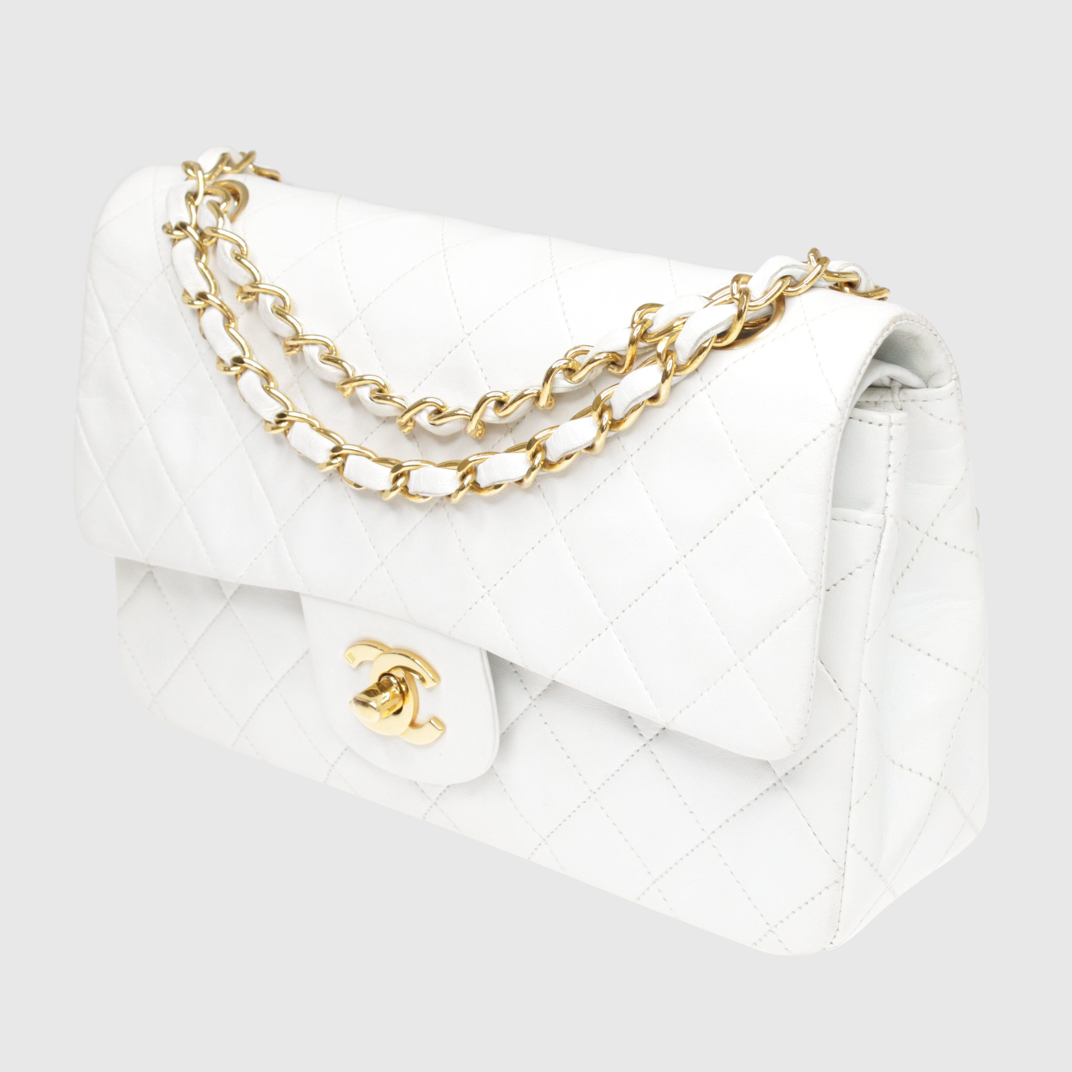 White Vintage Quilted Classic Medium Double Flap Bag w Gold Hardware
