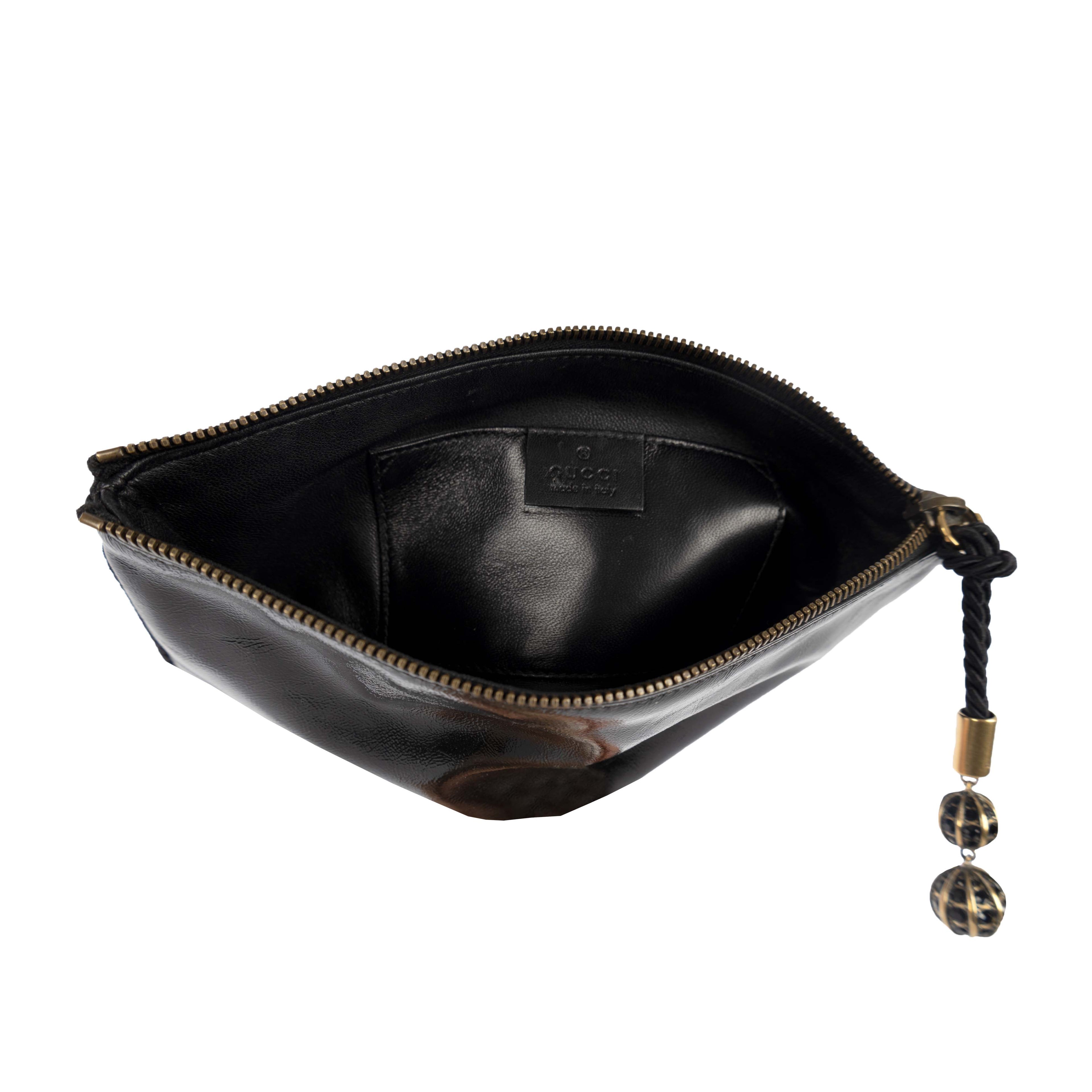 Gucci Shiny Leather Clutch with Braided Trim & Tassel - '10s