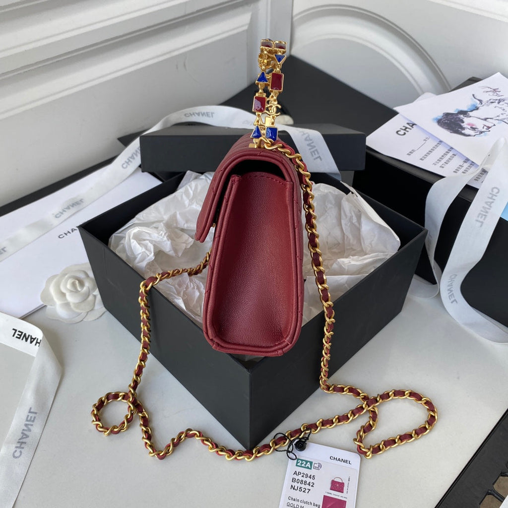 CHL Clutch With Chain Gold Hardware Red For Women, Women’s Handbags, Shoulder Bags 5.7in/14.5cm