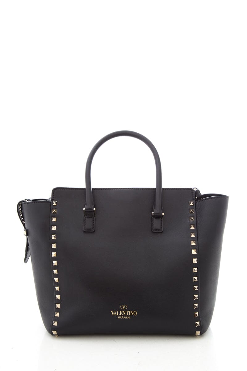 Valentino Black Leather Rockstud Tote Handbag