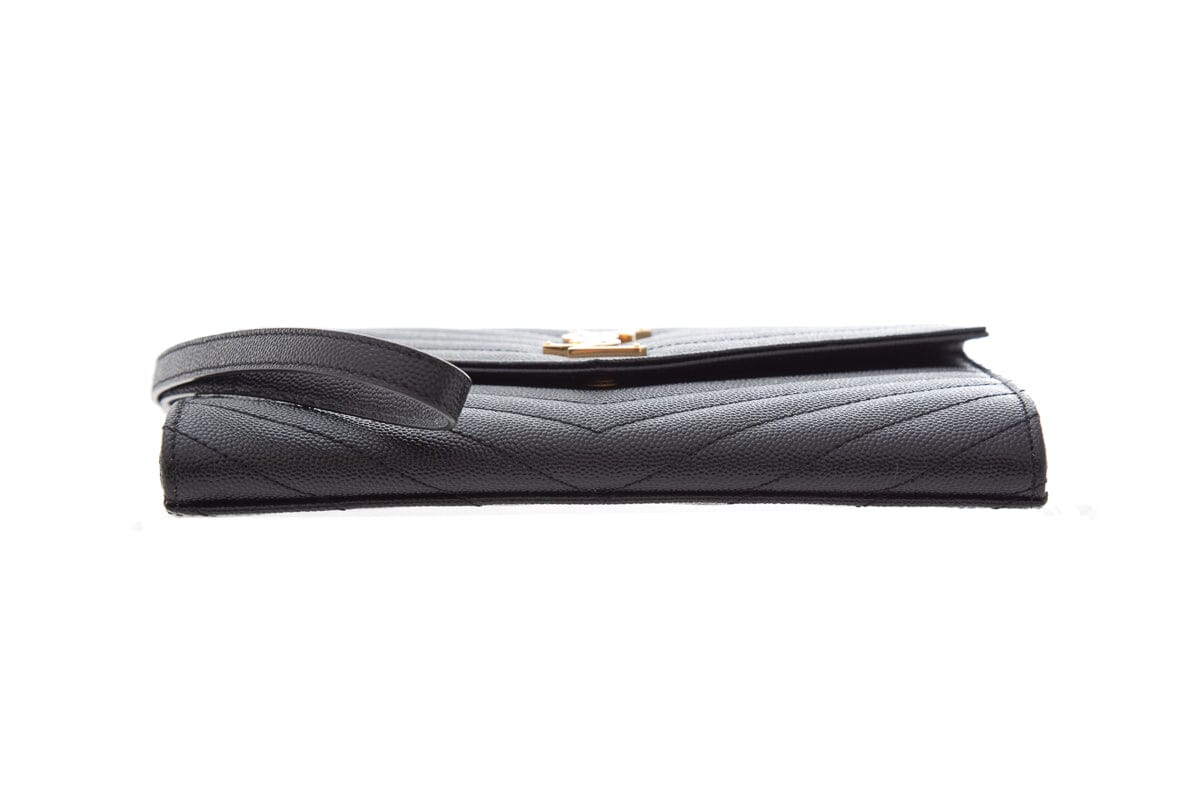 YSL Matelasse Grain De Poudre Black Leather Envelope Flap Pouch Clutch Bag