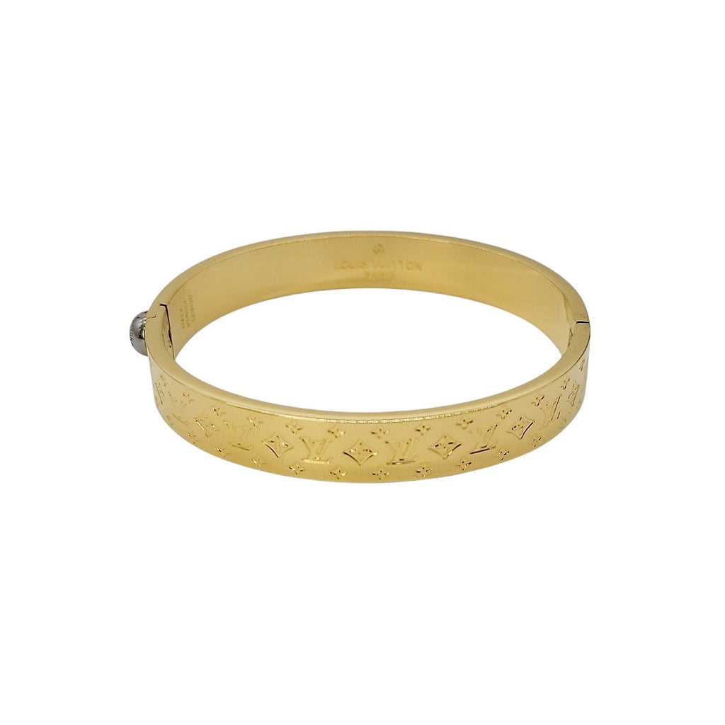 Louis Vuitton Gold Nanogram Hinged Cuff Bracelet Sz 6.5
