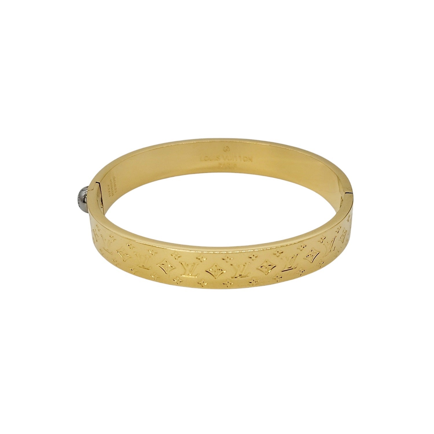 Louis Vuitton Gold Nanogram Hinged Cuff Bracelet Sz 6.5