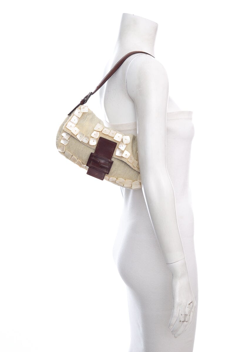 Fendi Cream Shell Beaded Baguette