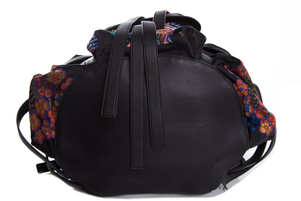 Loewe Black Leather & Multicolor Oriental Silk Print Backpack