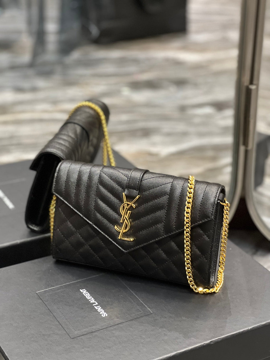 YSSL Envelope Small Chain Bag Black For Women, Women’s Bags 8.6in/22cm YSL