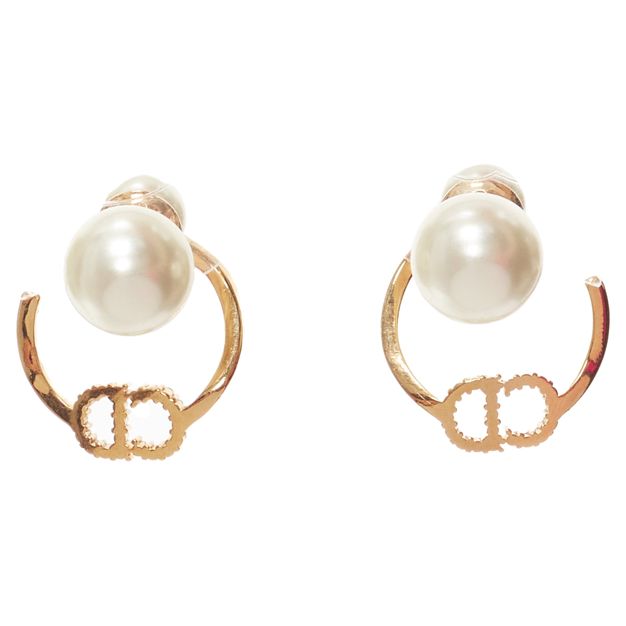 Dior Tribales Gold Metal Crystal Pave CD Orbital Faux Pearl Pin Earrings