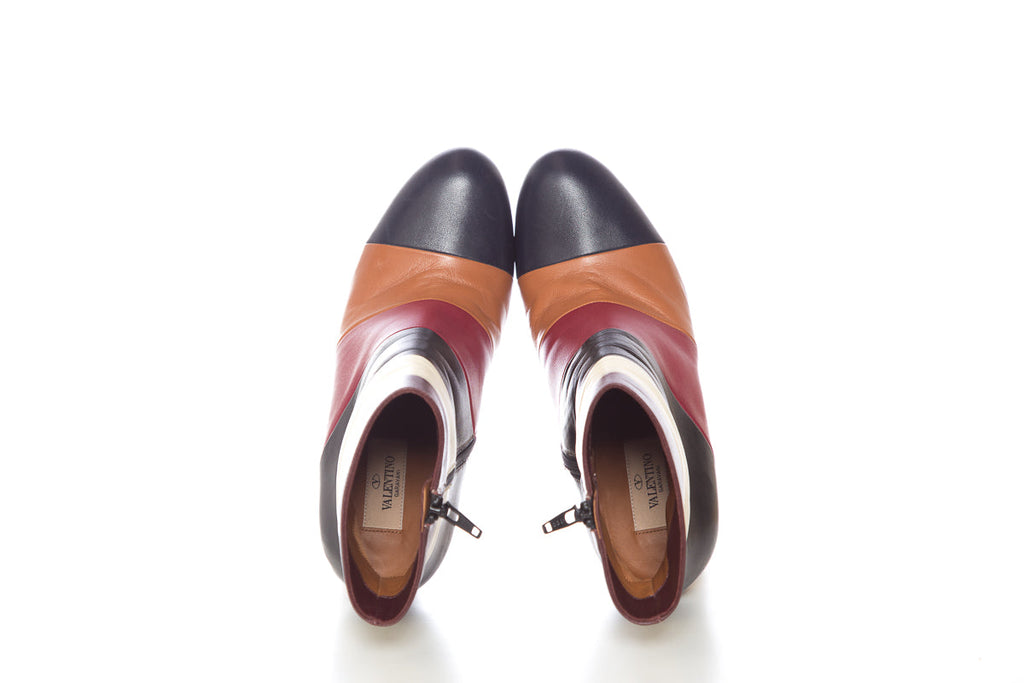 Valentino Maroon,Black,Peanut Lather Color Block Boots SZ 38
