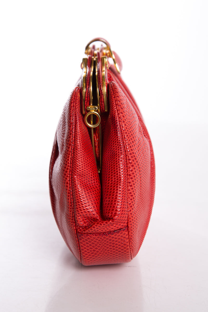 Judith Leiber Red Karung Snake Rose Quartz Clasp Clutch