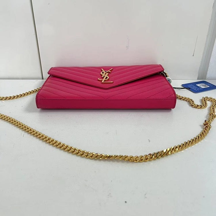 Saint Laurent Pink Chevron Quilted Grained Leather Envelope Wallet On Chain