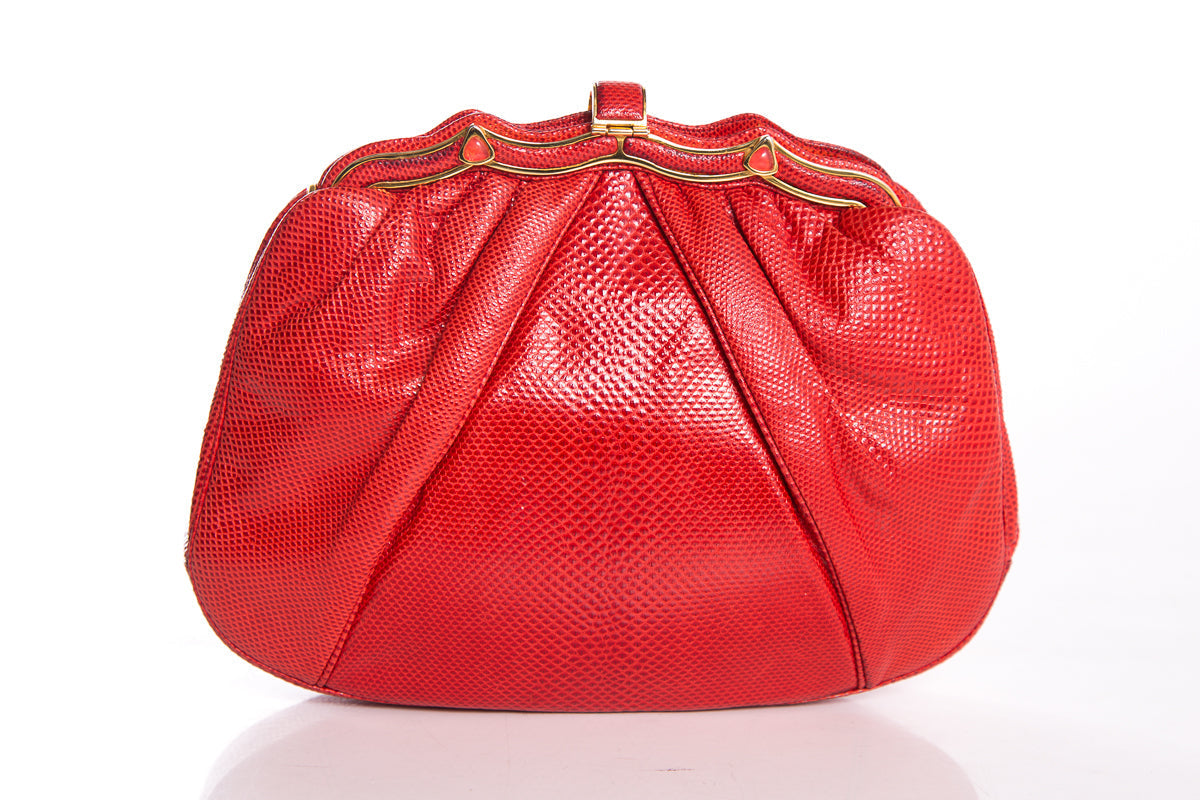 Judith Leiber Red Karung Snake Rose Quartz Clasp Clutch