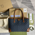 gg Ophidia gg Medium Tote Dark Blue And Ivory Eco Washed Organic gg Jacquard Denim  For Women 15in/38cm gg ‎631685 2KQgg 8375