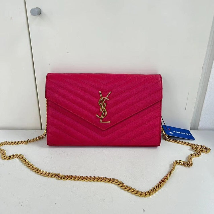 Saint Laurent Pink Chevron Quilted Grained Leather Envelope Wallet On Chain