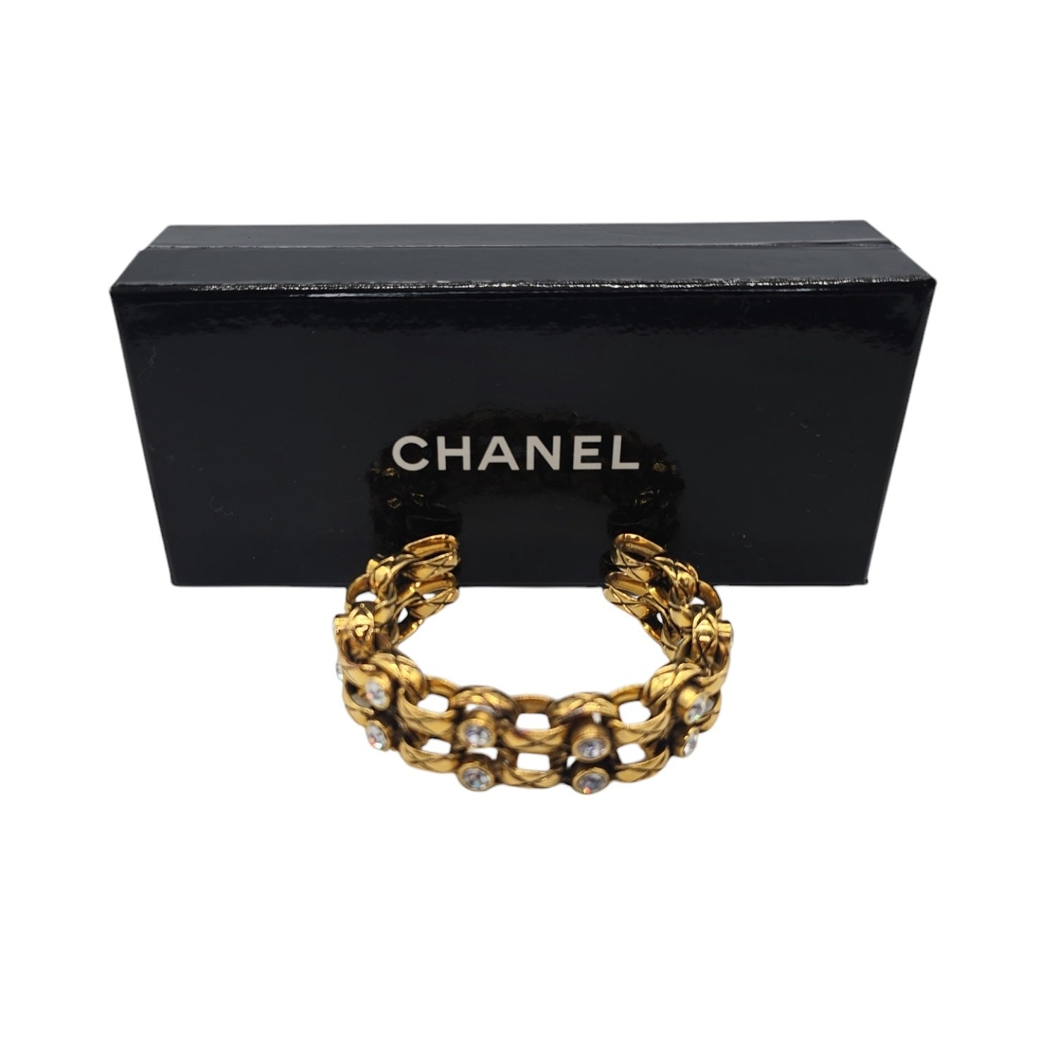 CHANEL Vintage Strass Quilted Chain Link Cuff Bracelet