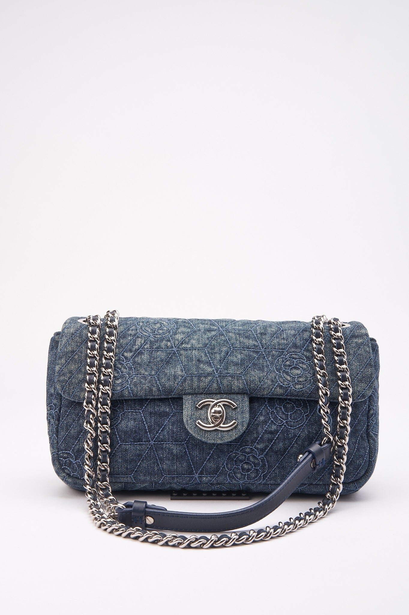Chanel Blue Denim Camellia Embroidered CC Flap Bag