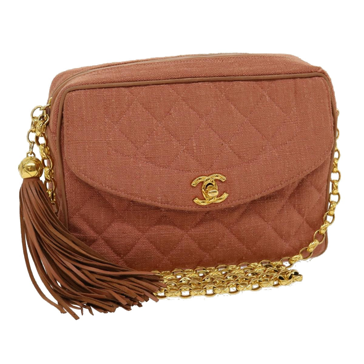 CHANEL Diana Turn Lock Chain Shoulder Bag Linen Fringe Pink CC 30153A