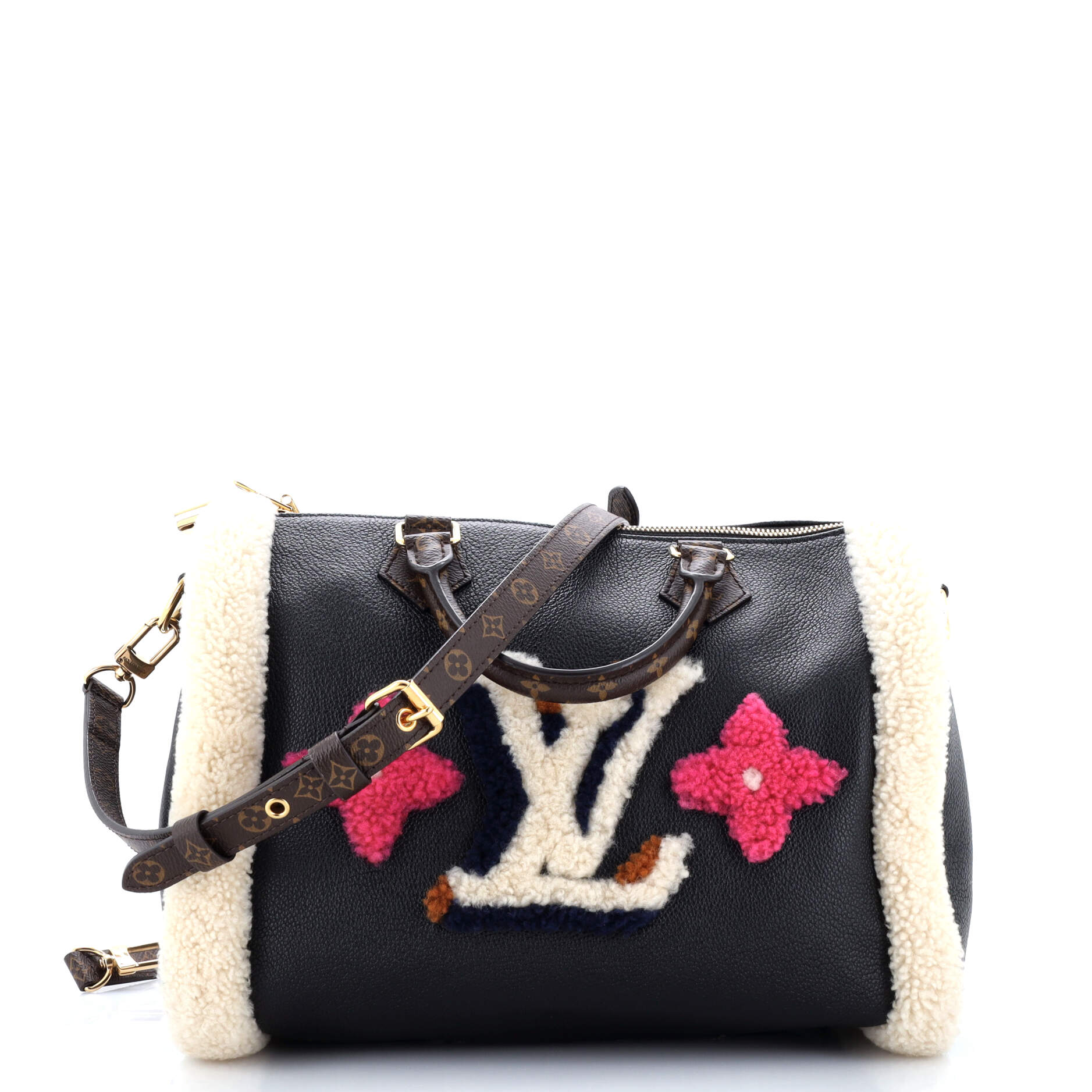 Louis Vuitton Speedy Bandouliere Bag Leather and Monogram Teddy Shearling 30